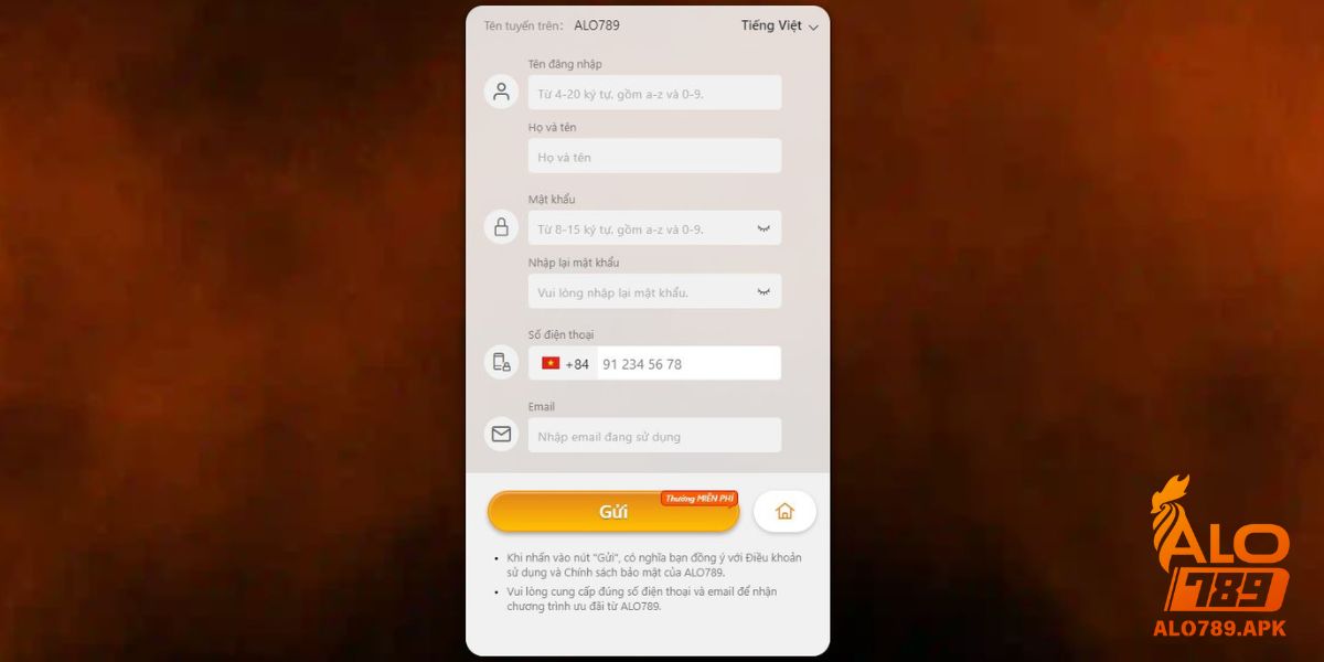 Điền thông tin đăng ký Alo789